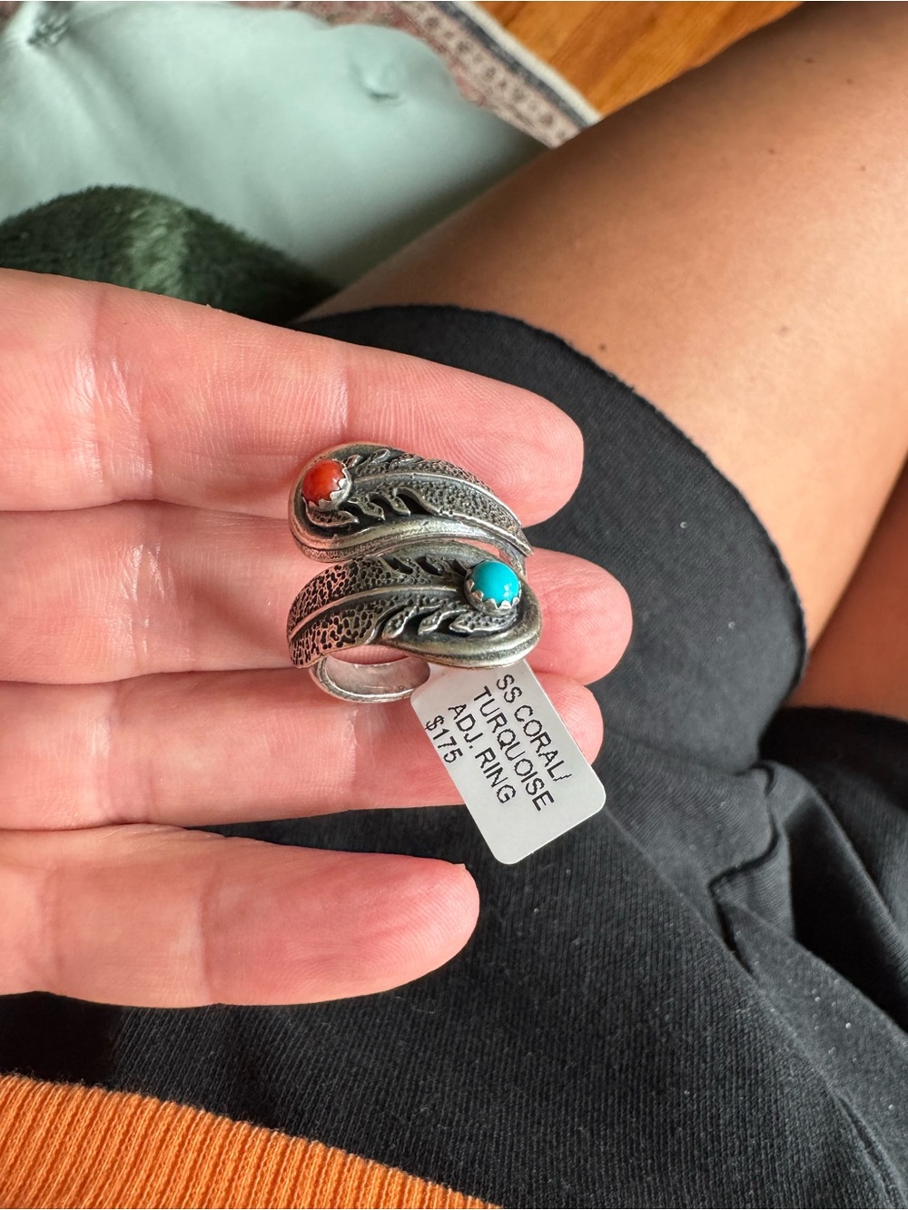 Navajo handmade, stamped, sterling silver turquoise and coral adjustable ring - Picture 6 of 7